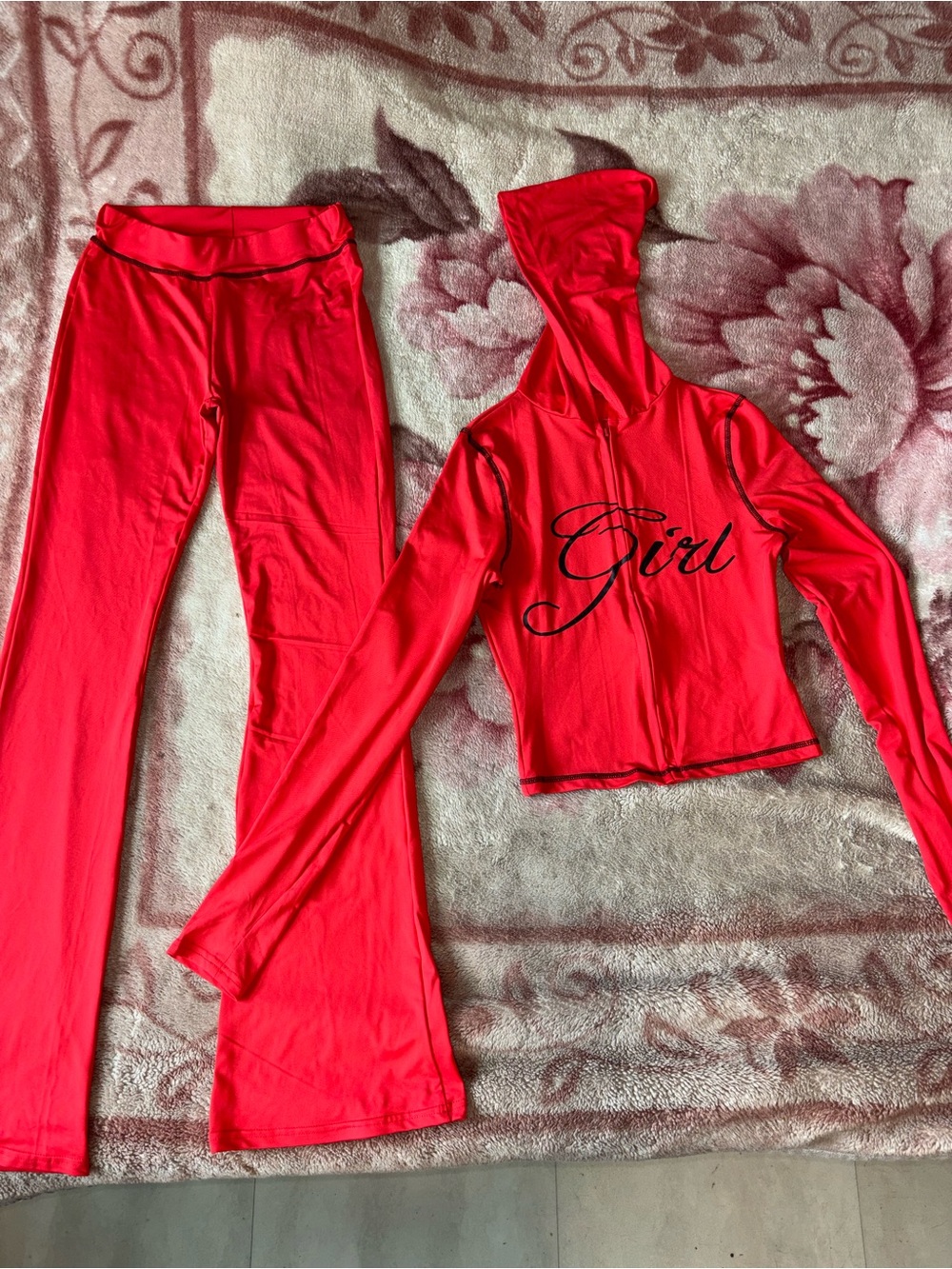 SHEIN Red Two-Piece Hoodie Top and Flared Pants Set
